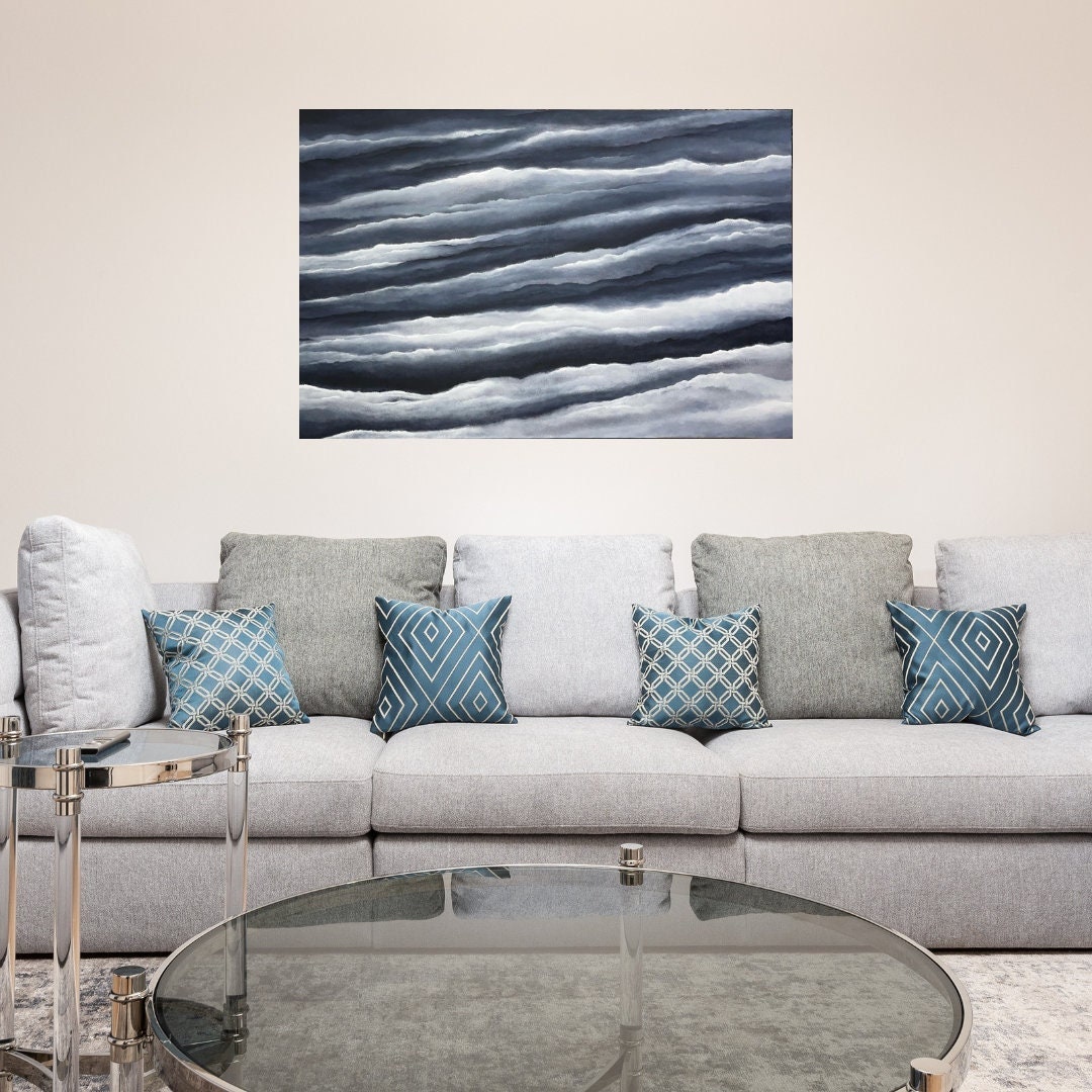 Large Dark Blue Abstract Painting Abstract Clouds Living Etsy