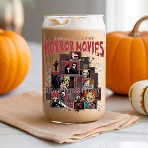 I Freaking Love Scary Movies, Scary Movies Glass Can, Scary movies cup, Horror Cup, Horror Glass Can, Halloween Glass can, Spooky Glass Can