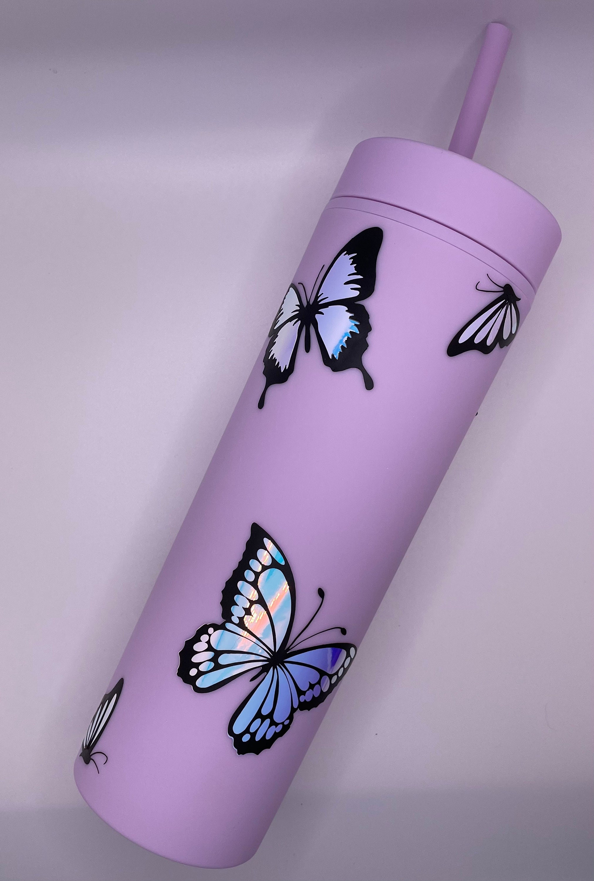 Purple Butterfly Tumbler Cup With Lid Stainless Steel Double - Temu