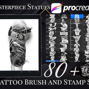 以下が含まれることがあります： 彫像の白黒のタトゥーデザインを表示するデジタルタブレット。タブレットは、80以上の彫像の白黒画像のグリッドの隣にあります。画像の上部に「MASTERPIECE STATUES」というテキストがあります。画像の下部に「80+ Top Shelf Tattoo Gallery」というテキストがあります。画像の下部に「TATTOO BRUSH AND STAMP SET」というテキストがあります。