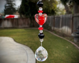 Gemstone Heart Suncatcher, Hanging Crystal Prism, Black Onyx Light Catcher, Car Charm, Feng Shui Decor, Valentines Day Gift, Girlfriend Gift