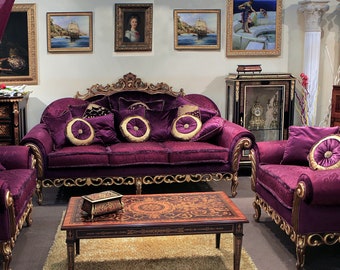 Large baroque style sofa with purple Rubelli fabric