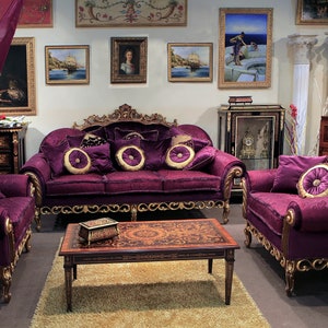 Large baroque style sofa with purple Rubelli fabric