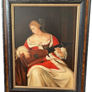 Painting oil on canvas copy of "Lady playing a lute in a interior" by Eglon Hendrick Van Der Neer