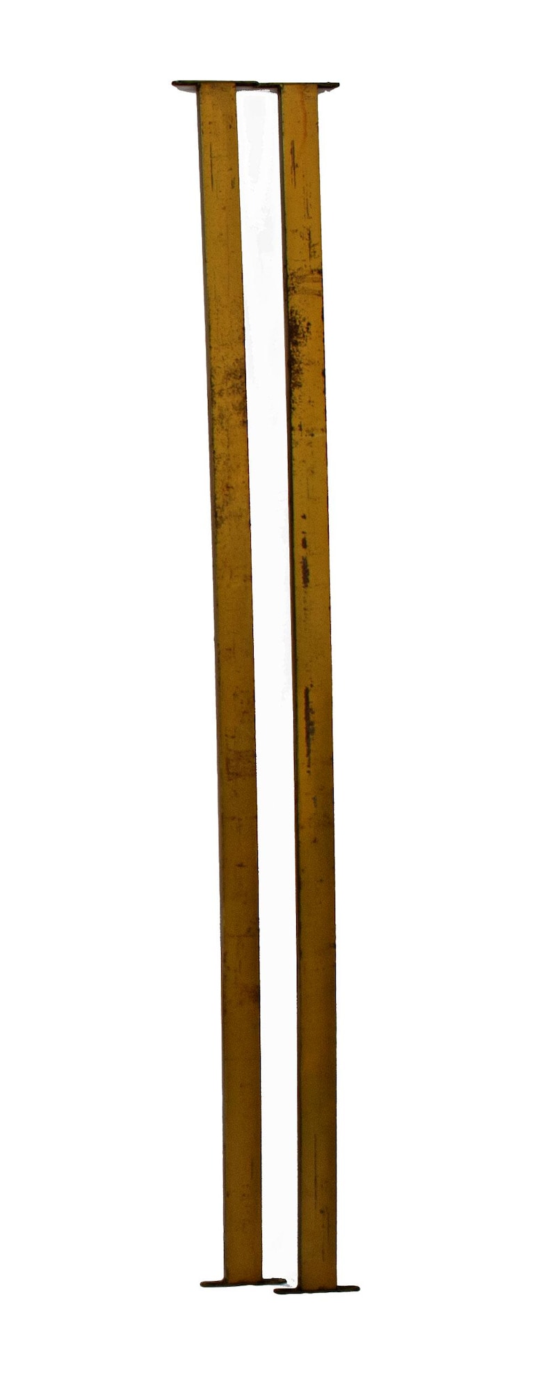 May include: Two vintage, rectangular, yellow metal table legs with a distressed finish. The legs are straight and have a flat top and bottom, suitable for furniture construction or restoration projects.