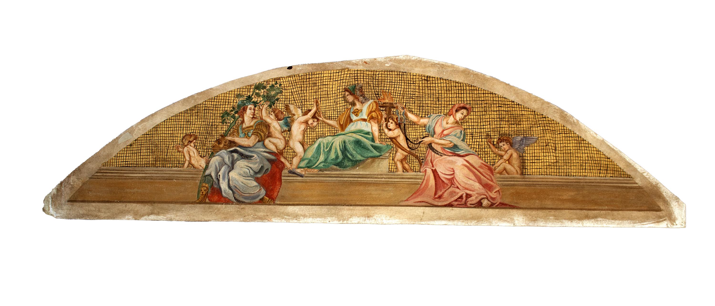 Crescent-shaped canvas fresco with figures representing the Cardinal Virtues