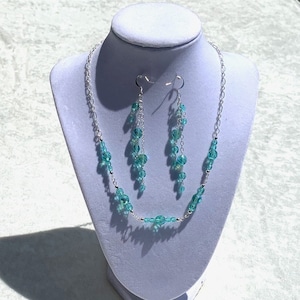 Sale Dangle Earrings Aqua Czech Earrings faceted Cascading Earrings glass beads Silver Plated chain Matching Set Romantic Gift Sea Color