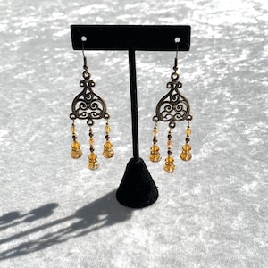 Yellow Topaz Chandelier Earrings Victorian Earrings Edwardian Antique Brass Matching Set Wine colored Traditional Czech Precosia Earrings