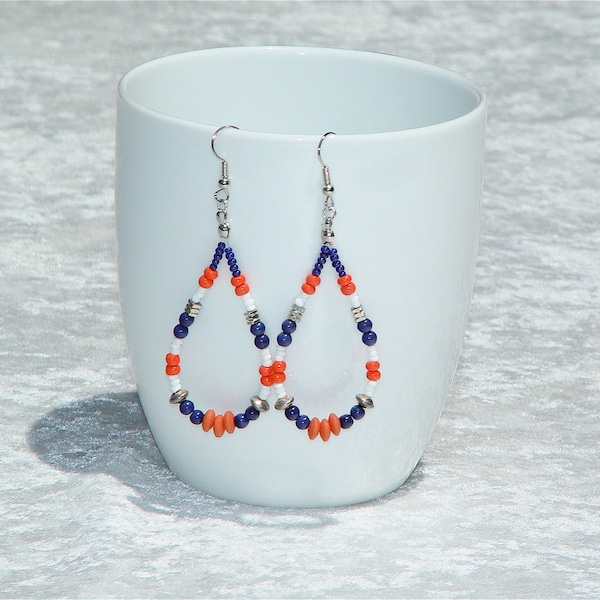 Sale Multicolored Sporty Earrings Multi Blue Orange White Hematite Beaded Drop Hoop earrings Boho Modest earrings Minimalist Fun Game Day