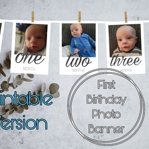 Printable First Birthday Photo Banner Milestone Bunting 1st Party Decoration Baby Boy Girl Monthly Keepsake Photos