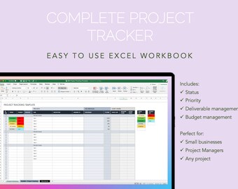 May include: A computer screen displaying a spreadsheet template for project tracking. The template includes columns for project name, status, priority, deliverables, cost, and hours. The spreadsheet is titled "Project Tracking Template".