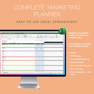 May include: A computer screen displaying a spreadsheet with the title "Complete Marketing Planner" and the text "Easy to Use Excel Spreadsheet". The spreadsheet is divided into columns and rows, with headings such as "Marketing Plan", "Task", "Date", "Status", and "Notes". The spreadsheet is designed to help users plan and track their marketing activities.