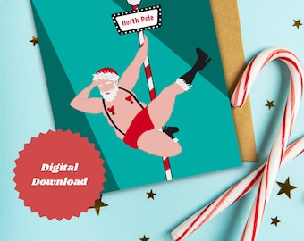 Può includere: Una carta di download digitale con un'illustrazione di Babbo Natale in cartone animato, con un vestito rosso e bianco, che tiene un palo con un cartello che dice "Polo Nord". Lo sfondo è verde turchese.