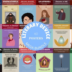 May include: A set of 40 colourful posters featuring literary devices illustrated with Harry Potter characters. Each poster includes a definition of the literary device and a Harry Potter-themed example. The posters are perfect for teachers and students of literature.