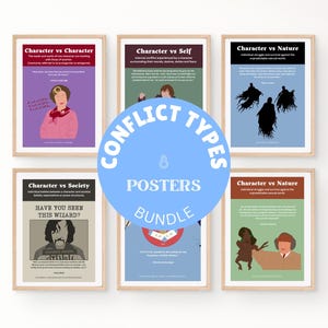 Op de afbeelding: Een set van acht posters die verschillende soorten conflicten in verhalen illustreren. Elke poster toont een ander personage uit de populaire cultuur en een beschrijving van het type conflict. De posters zijn getiteld "Conflicttypen" en "8 Posters Bundle".