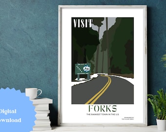 Fictional Travel Poster • Digital Print • Educational • Classroom Poster • Forks Poster • Literary Poster • Halloween Poster