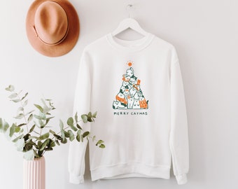 Merry Catmas Sweatshirt, Funny Christmas Cat Tree Crewneck