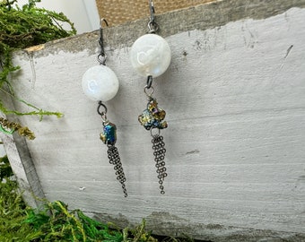 Pendientes de meteorito de piedra lunar, cola de plata de ley con pirita, joyería celestial