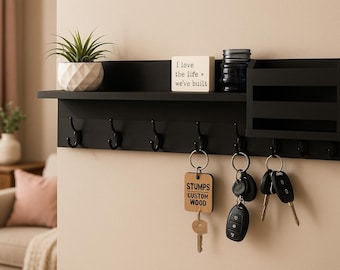 Wall Mounted Entryway Organizer: Wood Shelf, Mail & Key Holder - Handmade USA