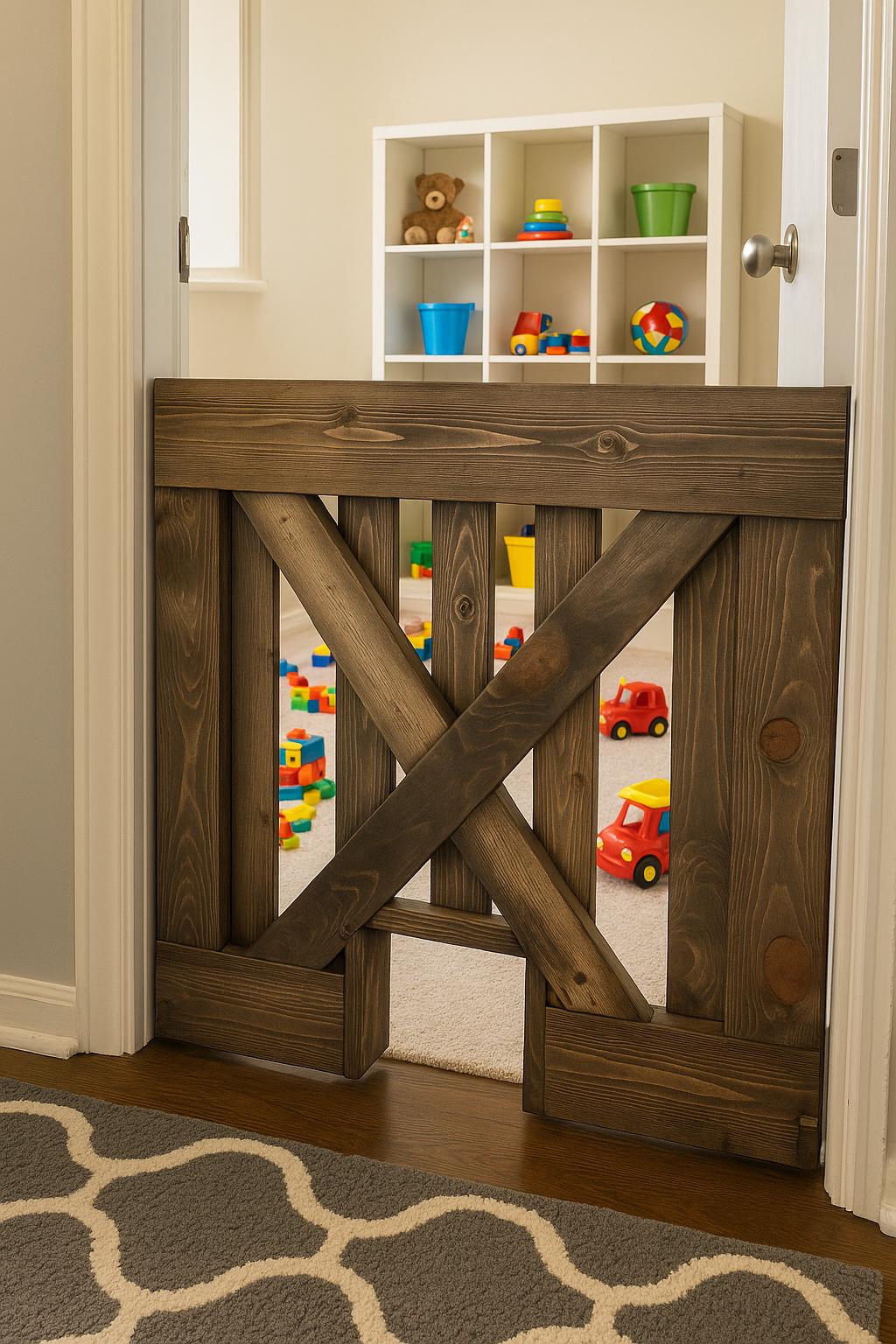 Baby Pet Gate With Animal Passage – Baby & Dog Gate with Swinging Door | Farmhouse Style Wooden Safety Barrier for Stairs And Hallways