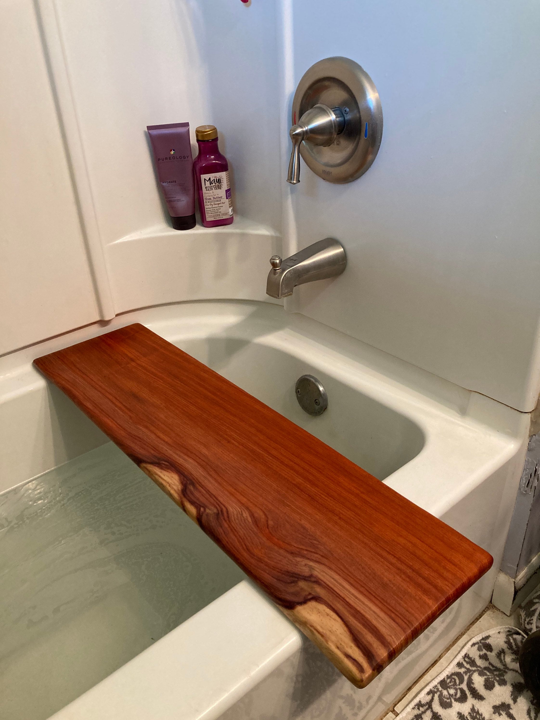 Bathtub Bath Board in Walnut, Oak and Padauk Tray Caddy with Wine & Can