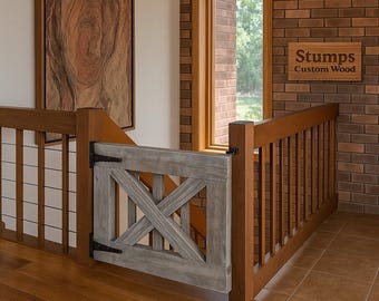 Indoor Baby Gate – Offset Pet Gate - Rustic Indoor Wooden Gate for Stairs or Doorways | Handmade Wooden Safety Gate by Stumps Custom Wood