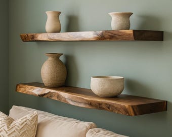 Walnut Live Edge Shelf: Rustic Floating Wall Shelves