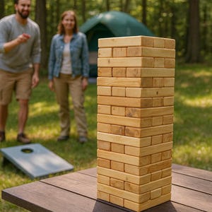 May include: A large wooden block stacking game, also known as Jenga, is set up on a picnic table. The game is made of rectangular wooden blocks. Two people are in the background, and a cornhole board is visible.