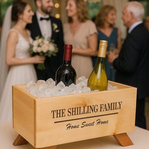 May include: Wooden box filled with ice, holding two bottles of wine. The box has the text "THE SHILLING FAMILY" and "Home Sweet Home" printed on it. A wedding reception is in the background.