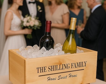 Handmade Wooden Wine Bar Cooler Trough: Engraved Rustic Beverage Station