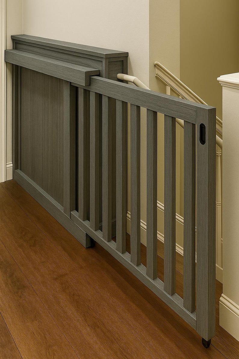 K&ouml;nnte beinhalten: Graue Holz-Kinderschutzgitter, montiert am oberen Ende einer Treppe. Das Gitter hat vertikale Sprossen und eine Schiebetafel. Es ist an der Wand befestigt und hat einen Griff zum einfachen &Ouml;ffnen und Schlie&szlig;en. Ma&szlig;e in Zentimetern.