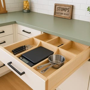 Könnte beinhalten: Offene Küchenschublade mit eingebautem Organizer. Die Schublade enthält eine schwarze Digitalwaage, Messbecher und ein Set von Gabeln und Messern mit schwarzem Griff. Die Schublade ist aus hellem Holz gefertigt und hat eine weiße Außenseite mit schwarzen Griffen.