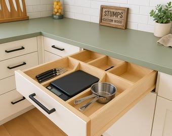 Houten ladeopberger | Op maat gemaakt keukengerei en opbergvak van Baltisch berkenhout