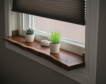 Walnut Live Edge Window Sill Shelf: Adhesive Rustic Plant Display