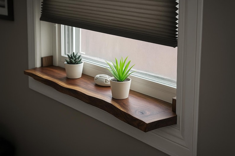Walnut Live Edge Window Sill Shelf: Adhesive Rustic Plant Display for Home Decor image 1
