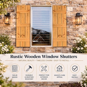 Puede incluir: Contraventanas de madera en acabado natural montadas en una pared exterior de piedra. Las contraventanas son de madera maciza y son duraderas y resistentes a la intemperie. La imagen también muestra una ventana y dos faroles negros.