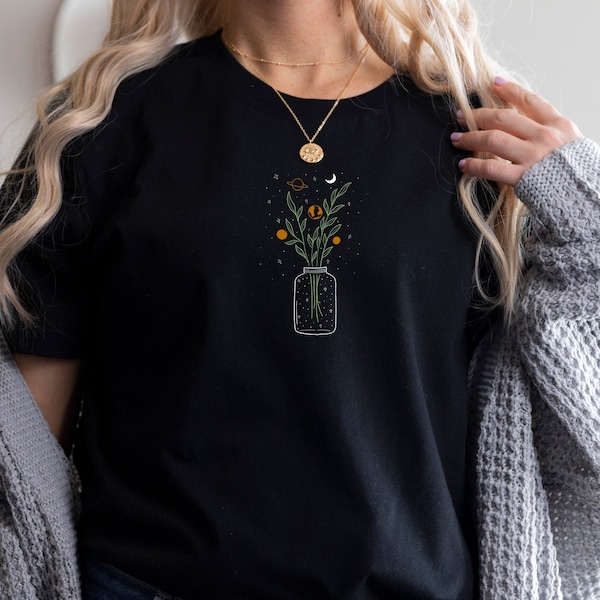 Celestial Astrology Shirt, Boho Tee, Indie Clothing Aesthetic, Botanical Shirt, Women's Tshirts, Cottagecore, Dark Academia