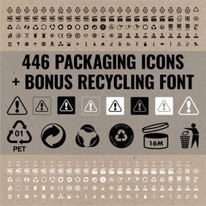 Pode incluir: Uma coleção de ícones de embalagem e símbolos de reciclagem em preto e branco, incluindo sinais de aviso, setas de reciclagem e símbolos de vida útil do produto. O texto diz "446 PACKAGING ICONS + BONUS RECYCLING FONT".