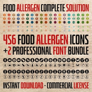 May include: A graphic with the text "FOOD ALLERGEN COMPLETE SOLUTION" and "456 FOOD ALLERGEN ICONS + 2 PROFESSIONAL FONT BUNDLE." The image features various food allergen icons in circles, with the words "INSTANT DOWNLOAD - COMMERCIAL LICENSE."