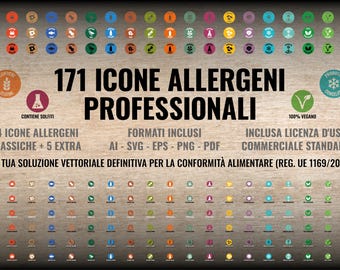 Conjunto de 171 iconos de alérgenos alimentarios para menús de restaurantes - Paquete vectorial svg png ai eps pdf - Estilos en blanco, negro, transparente y con sombra