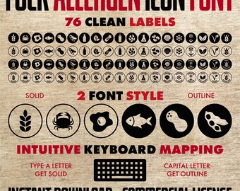 Fuente profesional para alérgenos alimentarios - Fuck Allergen - 38 iconos vectoriales (Int+Ita) - Para menús de restaurantes (Reglamento UE 1169/2011) - 76 archivos SVG incluidos
