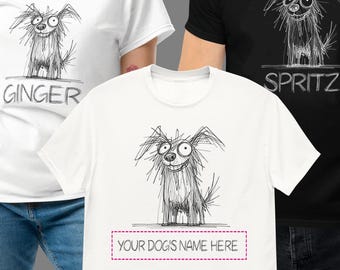 Camiseta de perro desaliñado con garabatos: divertida camiseta con dibujo artístico, regalo para amantes de los perros, estilo minimalista dibujado a mano.