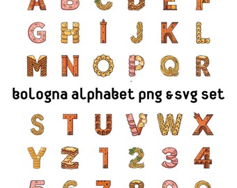 Alfabeto de Bolonia PNG + SVG / Letras y números de comida italiana / Imágenes prediseñadas de pasta, tortellini y lasaña / Descarga instantánea para uso comercial