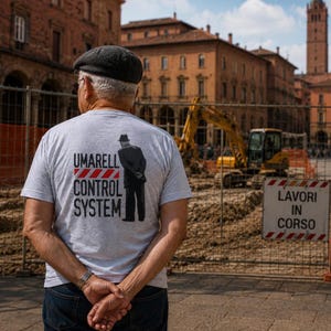 Op de afbeelding: Een lichtgrijs T-shirt met korte mouwen en een zwarte afbeelding van een persoon met een hoed en de handen op de rug. De tekst UMARELL CONTROL SYSTEM staat boven rode en witte diagonale strepen. Het shirt wordt gedragen door iemand met een pet.