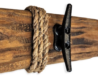 Nautical Boat Cleat Coat Rack -Wood Plank Rack with Metal Cleats -Beach Towel Purse Key Leash Wall Hooks -Walnut and Distressed White Finish
