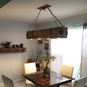 Hanging Chandelier Lamp  With Recessed LED Lights Vintage Rustic Wood Farmhouse Barn Beam Look Country Style Cabin Primitive Home Décor