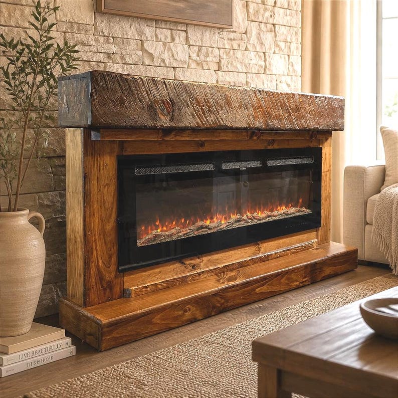 May include: A rectangular electric fireplace featuring a dark, weathered wood mantel and a matching wooden base. The unit has a wide, black glass front panel displaying a glowing orange flame effect with artificial logs visible inside the firebox.