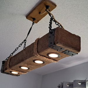 Rustic Wood Hanging Chandelier Lamp With Recessed LED Lights Farmhouse Country Style Home Décor