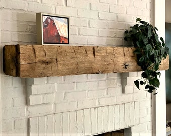 12" x 12" Custom Made to Size Fireplace Mantel With a Rustic Hand Hewn Barn Beam Style Distressed Aged and Weathered Rough Sawn Wood Mantle