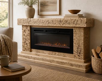 May include: A rectangular electric fireplace featuring a textured, light brown wood-look mantel and base. The fireplace insert is black with a glass front, displaying glowing orange embers and flames within the center of the unit.